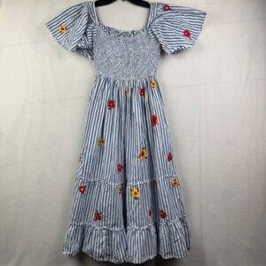 Pink City Prints Dress Women's S Blue White Striped Floral Smocked Tiered Maxi